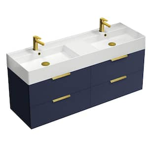 Derin 55.51 in. W x 18.11 in. D x 25.2 in. H Modern Wall Mounted Bathroom Vanity in Night Blue with White Ceramic Top