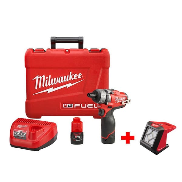 Milwaukee M12 FUEL 12V Lithium-Ion Cordless 1/4 in. Hex 2-Speed Screwdriver Kit with M12 Compact Flood Light (Tool-Only)
