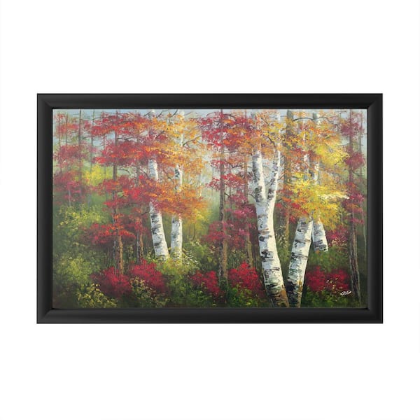 Trademark Fine Art "Indian Summer' Autumn Birch Trees" by Masters Fine Art Framed with LED Light Landscape Wall Art 16 in. x 24 in.