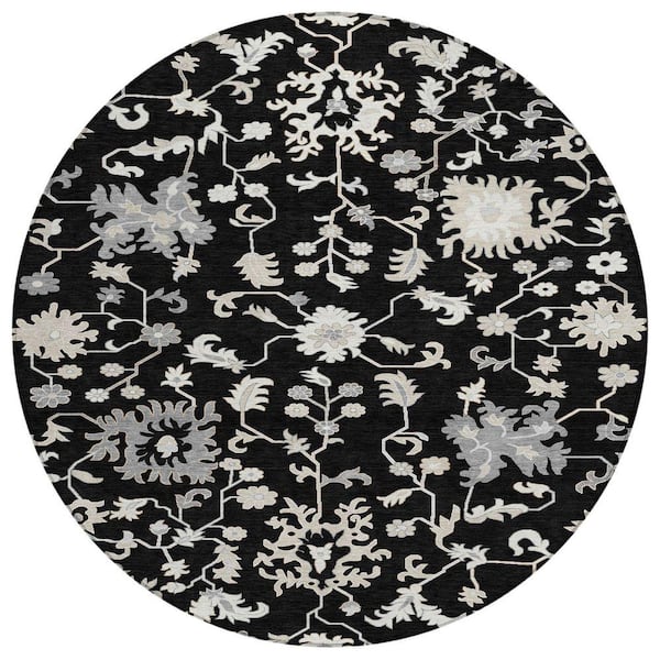 Chantille Machine Washable Indoor/Outdoor Abstract ACN1854 Black 8 ft. x 8 ft. Round Rug