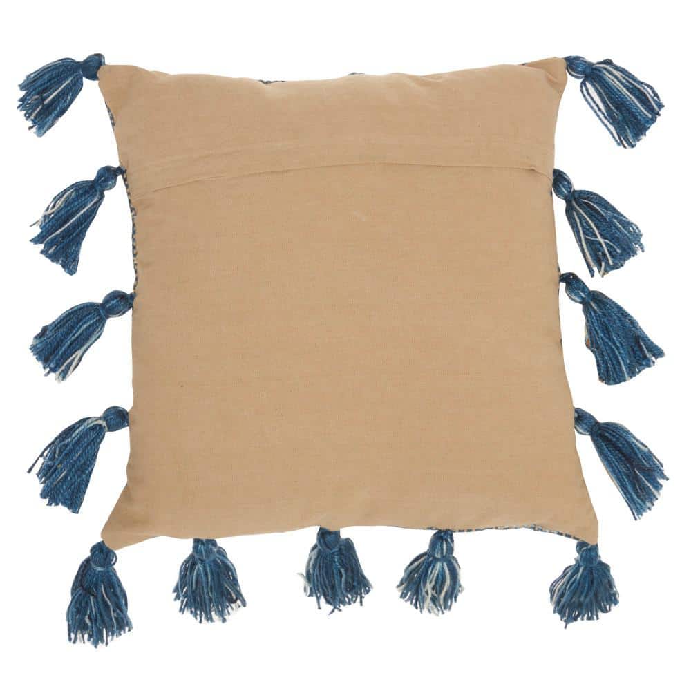 Navy Woven Cotton Throw Pillow with Tassels, 18" x 18"