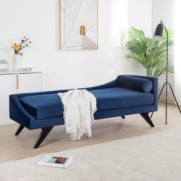 Cesicia Blue Polyester Fabric Right Square Arm Reclining Chaise Lounge with Pillow