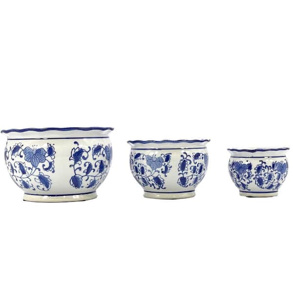Set of 3-4.5 in. / 6 in. / 8 in. Round Pot-Scalloped Edge Ceramic Chinoiserie Planter Pot Set