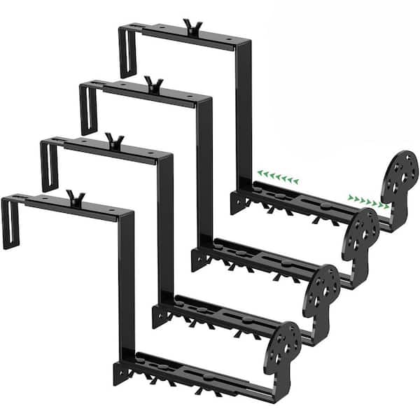 Adjustable Planter Box Brackets Black Steel Universal Outdoor Hanging Mounting with Support Rod 4 Pack