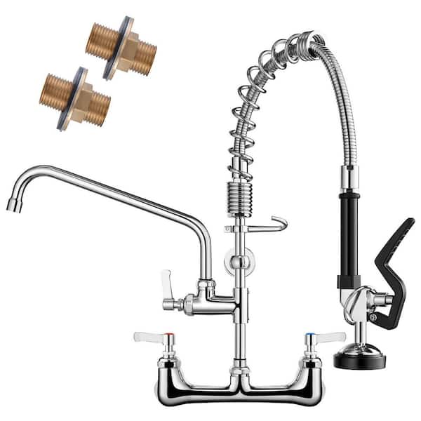 Double Handle Commercial Pull Down Wall Mount Pre-Rinse Spray Standard Kitchen Faucet in Polished Chrome