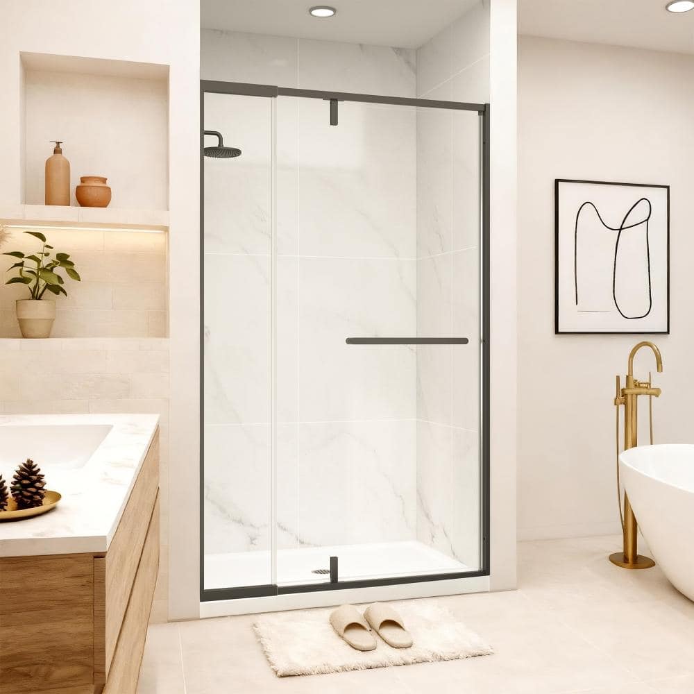 "42 to 48 in. x 72 in. Pivot Framed Shower Door in Matte Black with 1/4"" Clear Tempered Glass" price history on PriceWatchPro