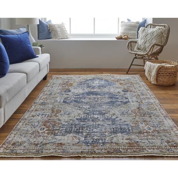 2 ft. x 8 ft. Ivory, Blue Floral Area Rug