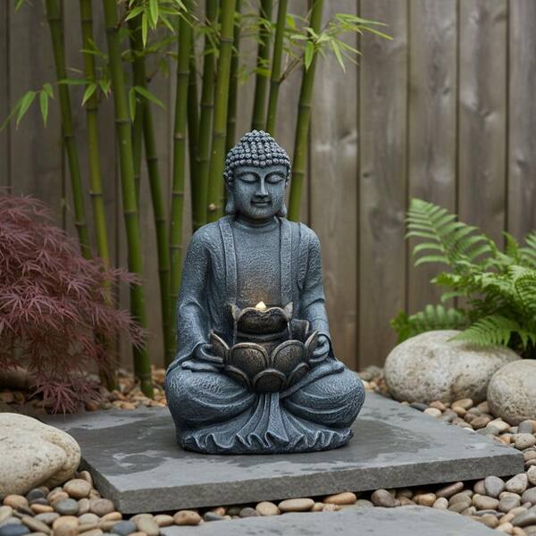 28 in. Outdoor Zen Buddha Water Fountain with LED Light and Pump