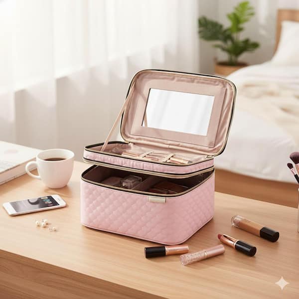 Lynzavix Pink Large Travel Makeup Toiletry Bag Organizer w/ Mirror