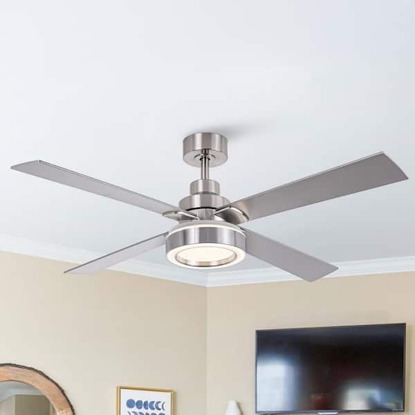 52 in. Indoor 4-Blade Modern Satin Nickel Ceiling Fan with Integrated LED Light and Remote Control