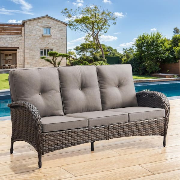 Rotavia Brown PE Wicker 1-Piece Outdoor Couch with Gray Olefin Thick Cushion Guard Cushions 3-Seat Patio Sofa