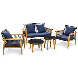 5-Piece Outdoor Wicker Patio Conversation Set Stable Acacia Wood Frame for Backyard Navy