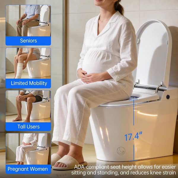 Smart Bidet Toilet Elongated,Dual-Flush 1.1/1.6 GPF, in White with Auto Open/Close Lid, Foot Sensor Flush,Blackout Flush