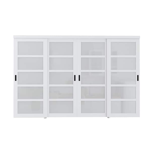 120 in. x 80 in. 5-Lite Frosted Glass Primed White MDF Closet Sliding Door No Grooving Black Handles and Hardware
