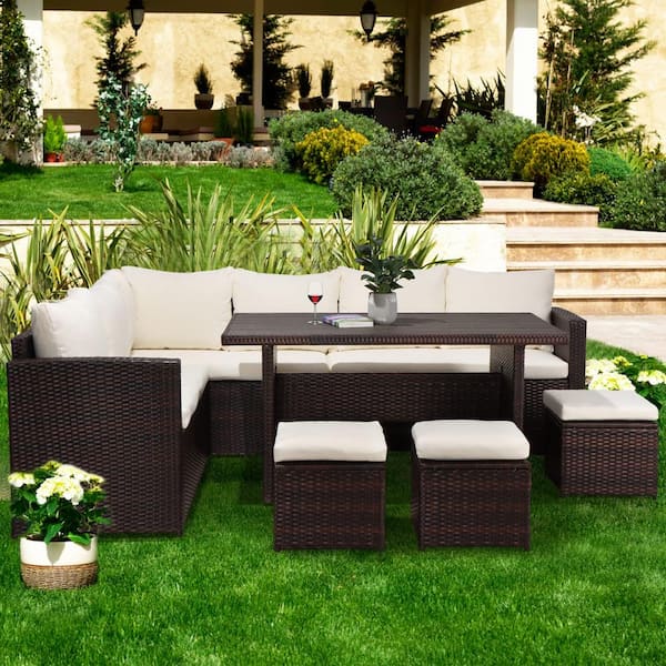 Unbranded 7-Piece All-Weather Dark Brown Rattan Wicker Outdoor Sofa Sectional Set with Beige Cushions and Ottoman