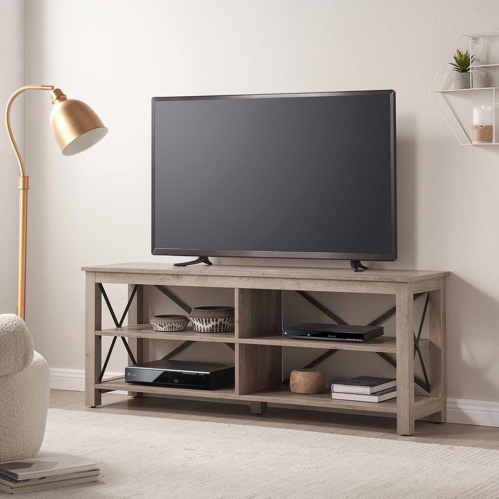 Curlew Modern Farmhouse 62" TV Stand in Gray Oak with Metal Accents