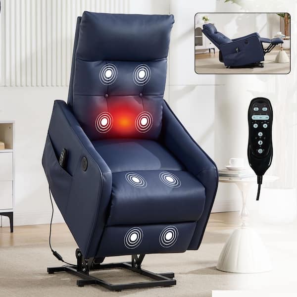 Deep Blue Ergonomic Faux Leather Power Lift Recliner with Heavy Duty, Heat, Massage and USB