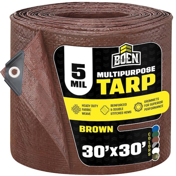 BOEN 30 ft. x 30 ft. Multi-Purpose Brown Poly Tarp Cover 5 Mil Thick Weave Material, Waterproof