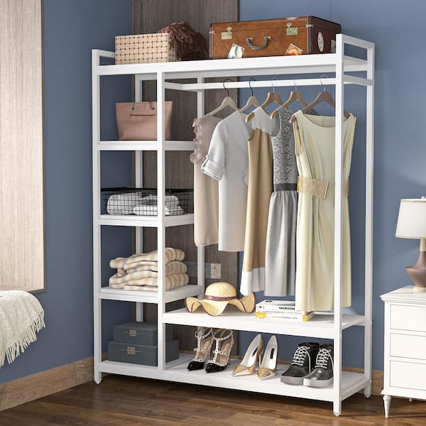 Billie White Armoire with 6-Storage Shelves and Beach Industrial Entryway Hall Trees 70.9 in. x 47.3 in. x 15.7 in.
