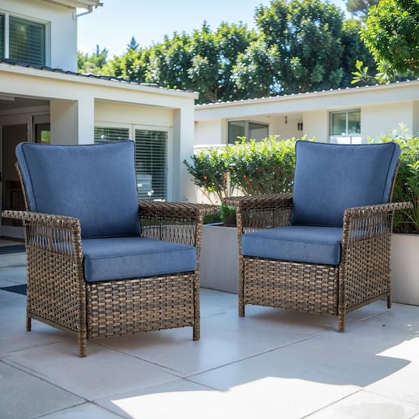 Opohoro GliderNet Metal and Brown Wicker Outdoor Lounge Chair with Olefin Navy Blue Cushions (2-Pack)