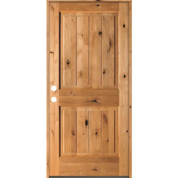 Krosswood Doors 36 in. x 80 in. Rustic Knotty Alder Square Top V-Grooved Clear Stain Right-Hand Inswing Wood Single Prehung Front Door