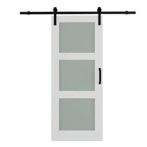 36 in. x 80 in. 3-Lite Tempered Frosted Glass White Primed MDF Composite Sliding Barn Door with Hardware Kit