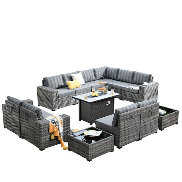 Baldwin Gray 13-Pieces Wicker Wide Arm Outdoor Patio Sofa Sectional Set with Metal Fire Pit and Gray Striped Cushions