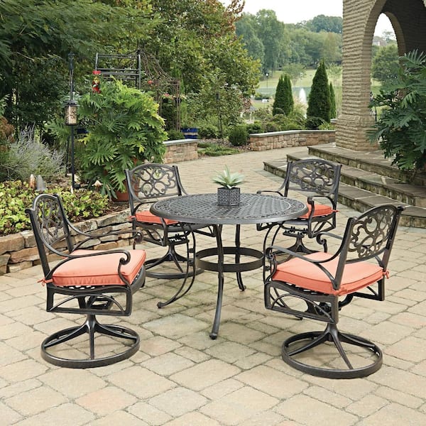 HOMESTYLES Biscayne Rust Bronze 5-Piece Cast Aluminum Outdoor Dining Set with Coral Cushions