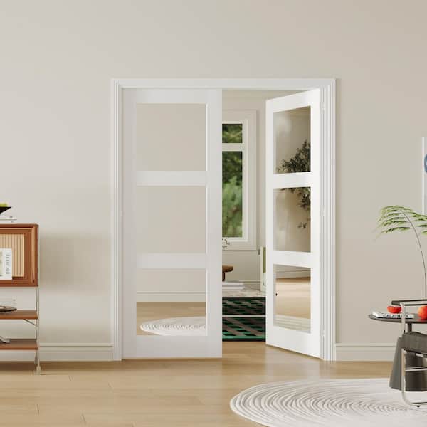 56 in. x 80 in. 3 Lite, MDF Composite, Solid Core, White Primed, Mirrored Glass Pre-assembled Panel Interior Door Slab