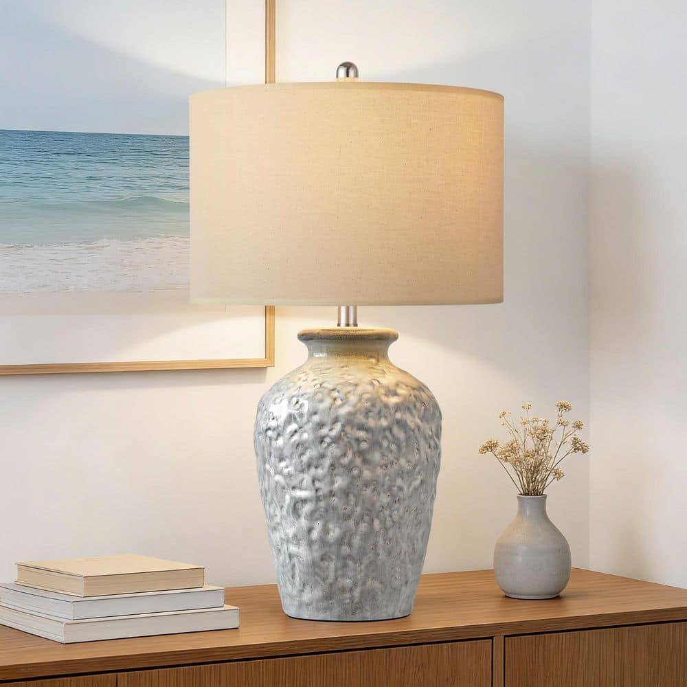 26'' Farmhouse Ceramic Table Lamp, Rustic Gray Bedside Lamp with Oatmeal Linen Shade for Bedroom Living Room price history on PriceWatchPro
