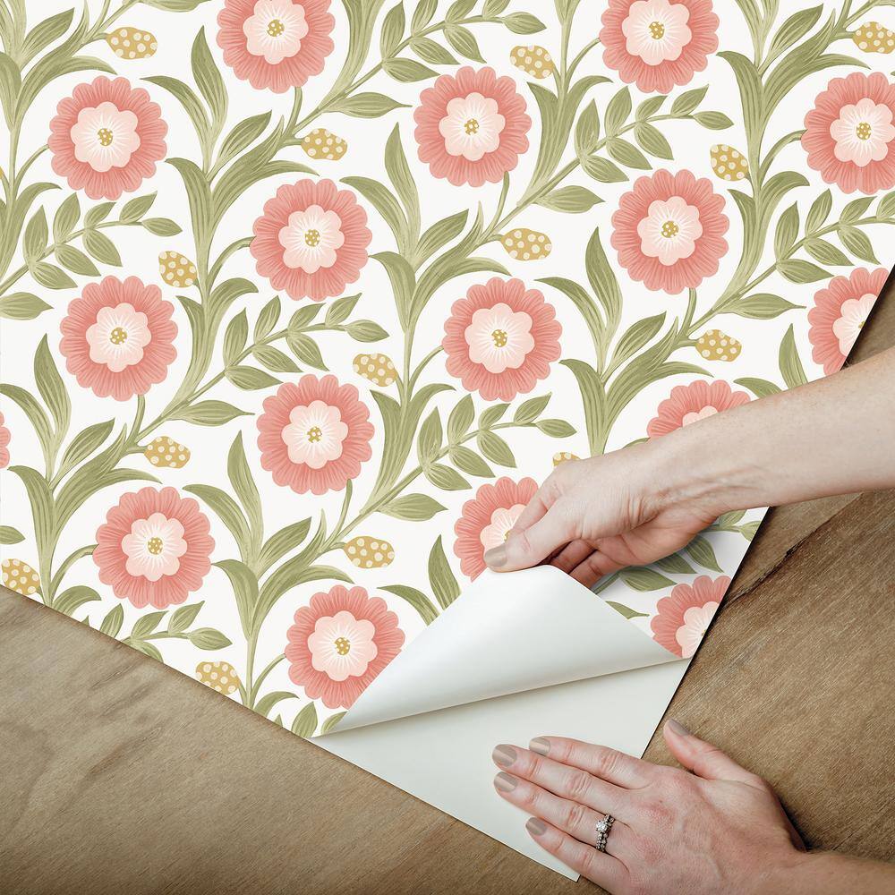Lillian Pink and White Floral Vine Peel and Stick Wallpaper