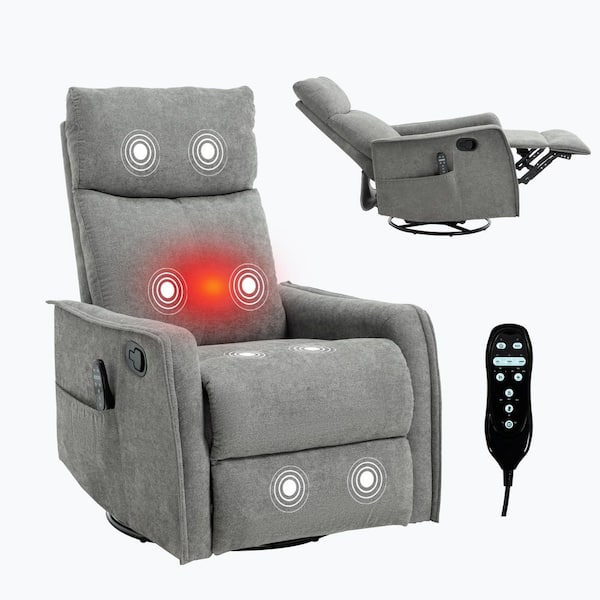 Grey Chenille Heat Massage Manual Recliner Chair with Rocker and Swivel in Fabric for Living Room