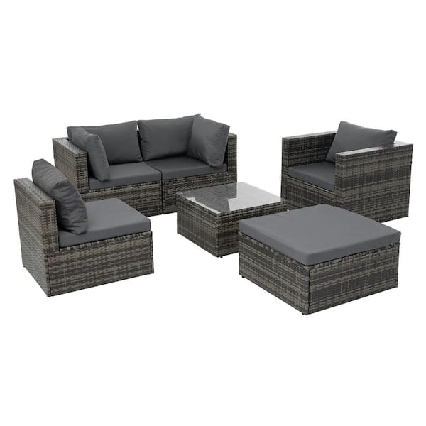 JimsMaison 6-Piece Wicker Patio Conversation Set with Gray Cushions