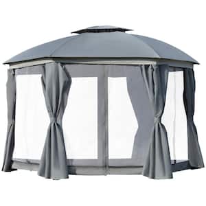 12 ft. x 12 ft. Gray Outdoor Patio Dome Gazebo Canopy Shelter with Double Roof, Netting Sidewalls and Curtains