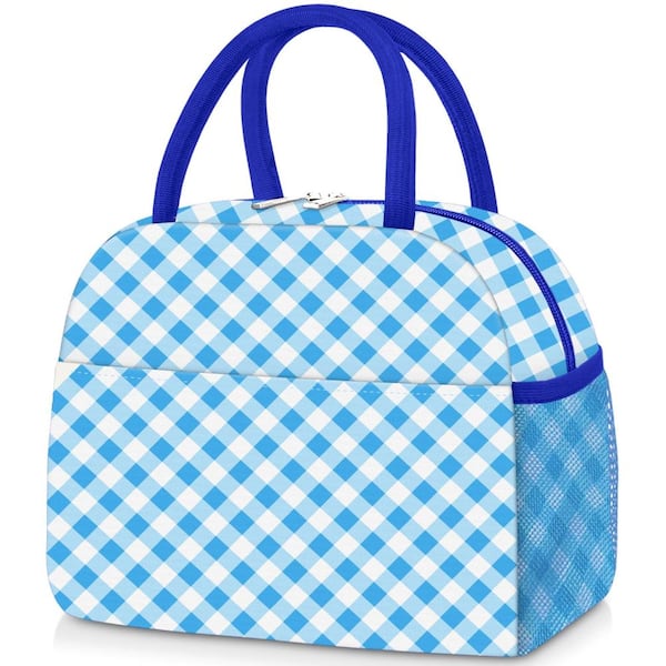 10.6 in Insulated Lunch Bag with Pockets Leakproof Blue Grid