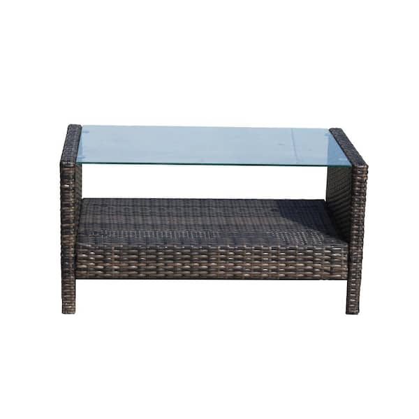 Unbranded Brown PE Rattan Wicker Steel Iron Outdoor Coffee Table with Clear Tempered Glass