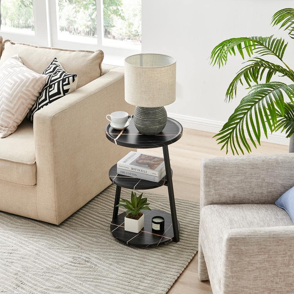 Skylar White Marble and Black Metal 3-Tier Round Accent Table