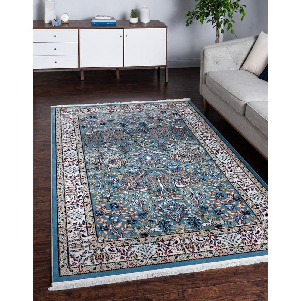 Elegant Blue Floral Rectangular Indoor Rug 5' x 8'