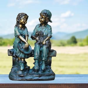 16 in. Tall Indoor/Outdoor Girl and Boy Sitting on Bench with Puppy Statue Yard Art Decoration