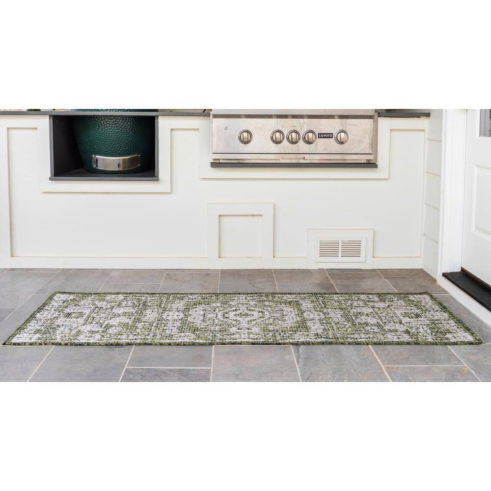 Green and Ivory Flat Woven Outdoor Runner Rug