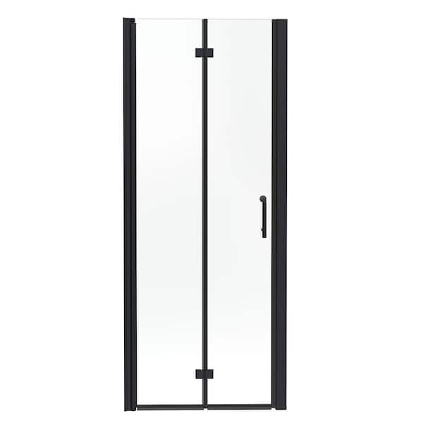 34 to 35-1/2 in. W x 72 in. H Bi-Fold Frameless Shower Doors in Black with Clear Glass