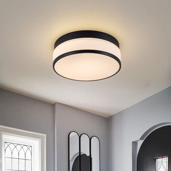 Lennox 11.42 in. 1-Light Brushed Gold Modern Integrated LED Drum Flush Mount with Opal Glass Shade