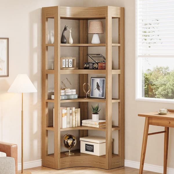 71 in. Tall Brown Engineered Wood 6-Shelf Corner Bookshelf, Accent Bookcase for Living Room, Bedroom