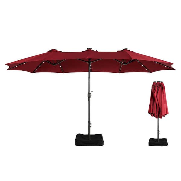 15 ft. Double-Sided Market Patio Umbrella in Red with Base and Solar Lights