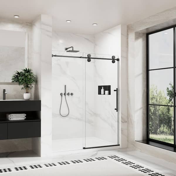 60 in. W x 72 in. H Single Sliding Frameless Shower Door in Matte Black with 5/16 in. Tempered Clear Glass