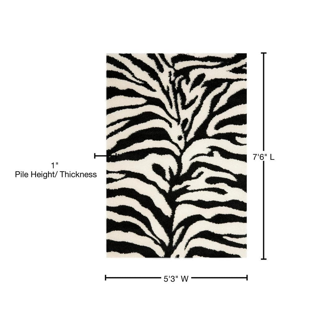 Ivory and Black Zebra Print Shag Area Rug 5'3" x 7'6"