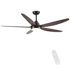 56 in. Integrated LED Indoor Black 6-Speed Ceiling Fan with Brown Wood Grain ABS Blade and Remote Control