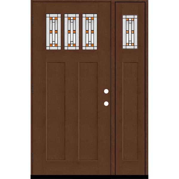 Steves & Sons Regency 53 in. x 80 in. 3Lite Amberton Deco Glass RHOS Chestnut Stain Fir Grain Fiberglass Prehung Front Door w/14in.SL