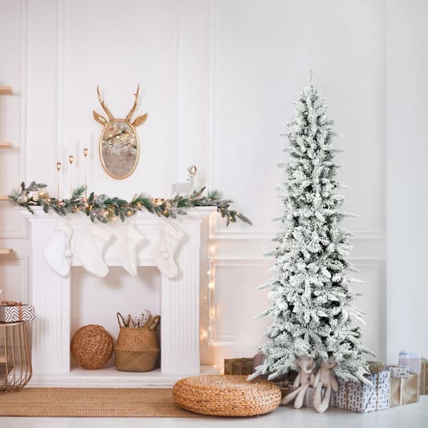 6.5 ft. Pre-Lit Flocked Slim Mountain Pine Artificial Christmas Tree with Warm LED Lights