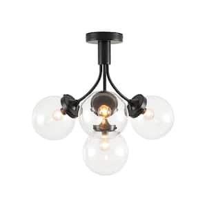 Cielo 4-Light 21.7 in. W Matte Black Semi-Flush Mount Modern Chandelier with Clear Glass Shades Hallway Ceiling Light